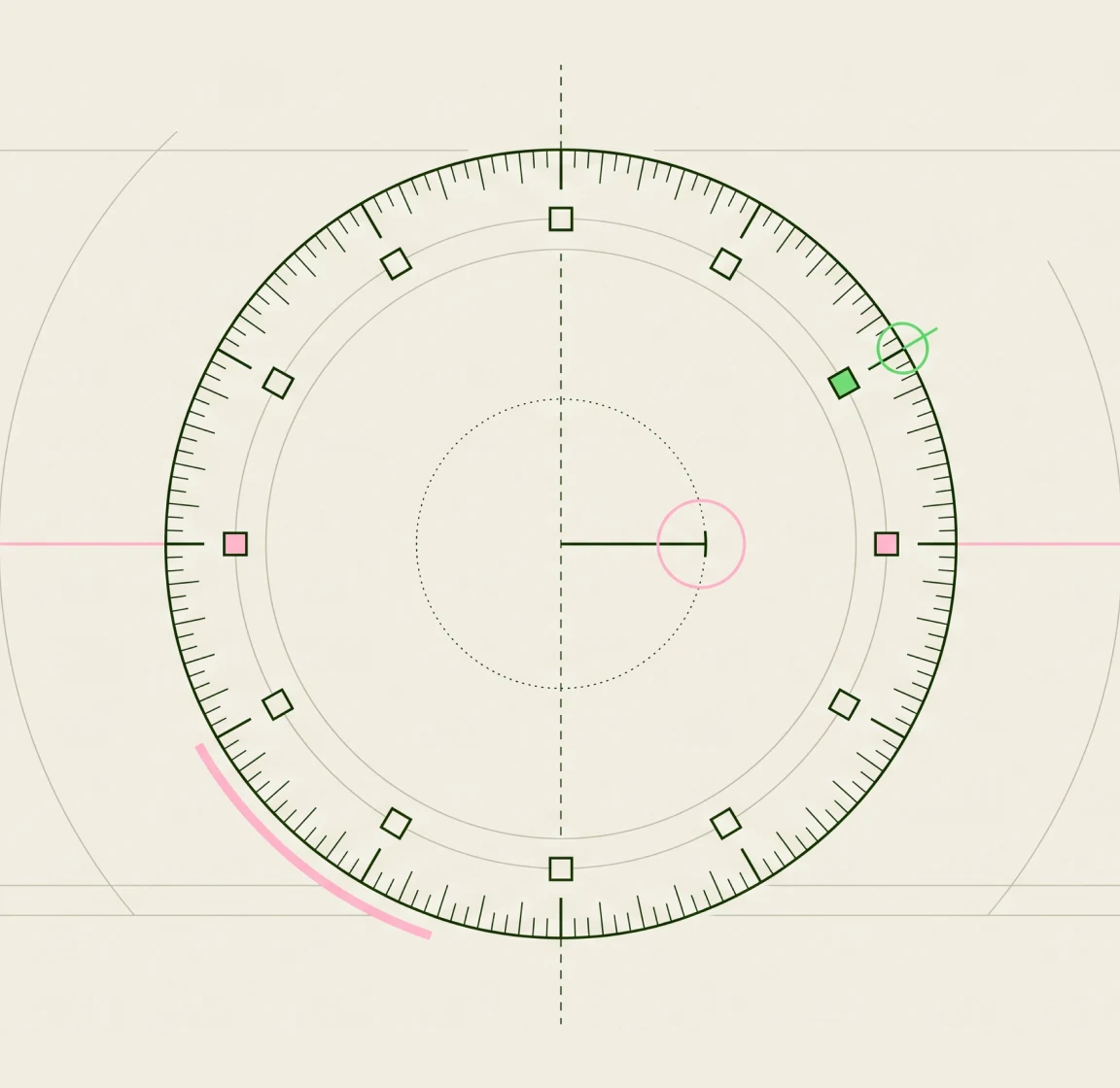 Blueprint illustration of a circular dial with a pointer and square markers
