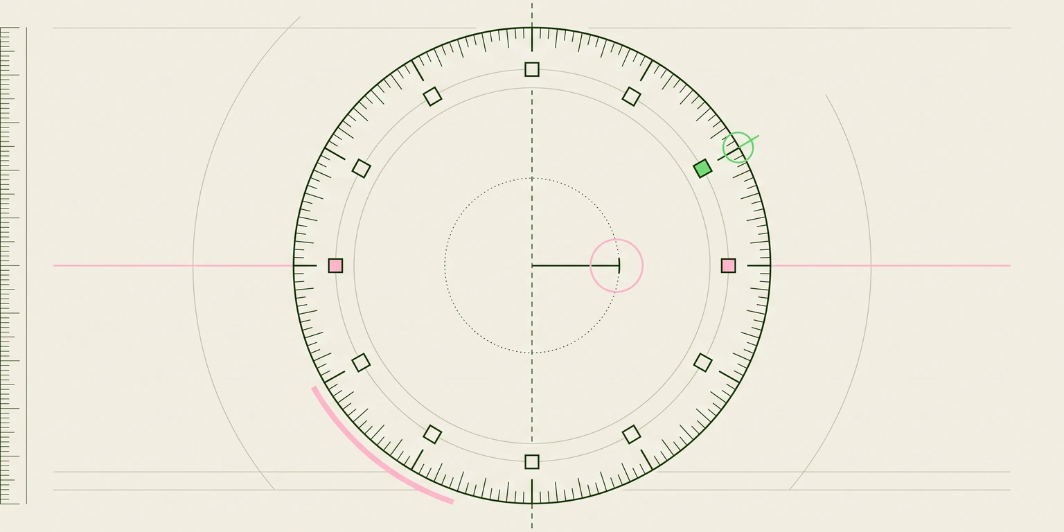 Blueprint illustration of a circular dial with a pointer and square markers