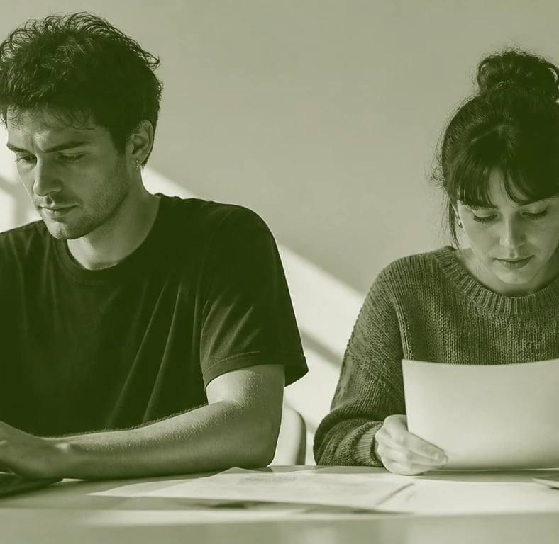 Two people at a table, one typing on a laptop and one reading a printed page