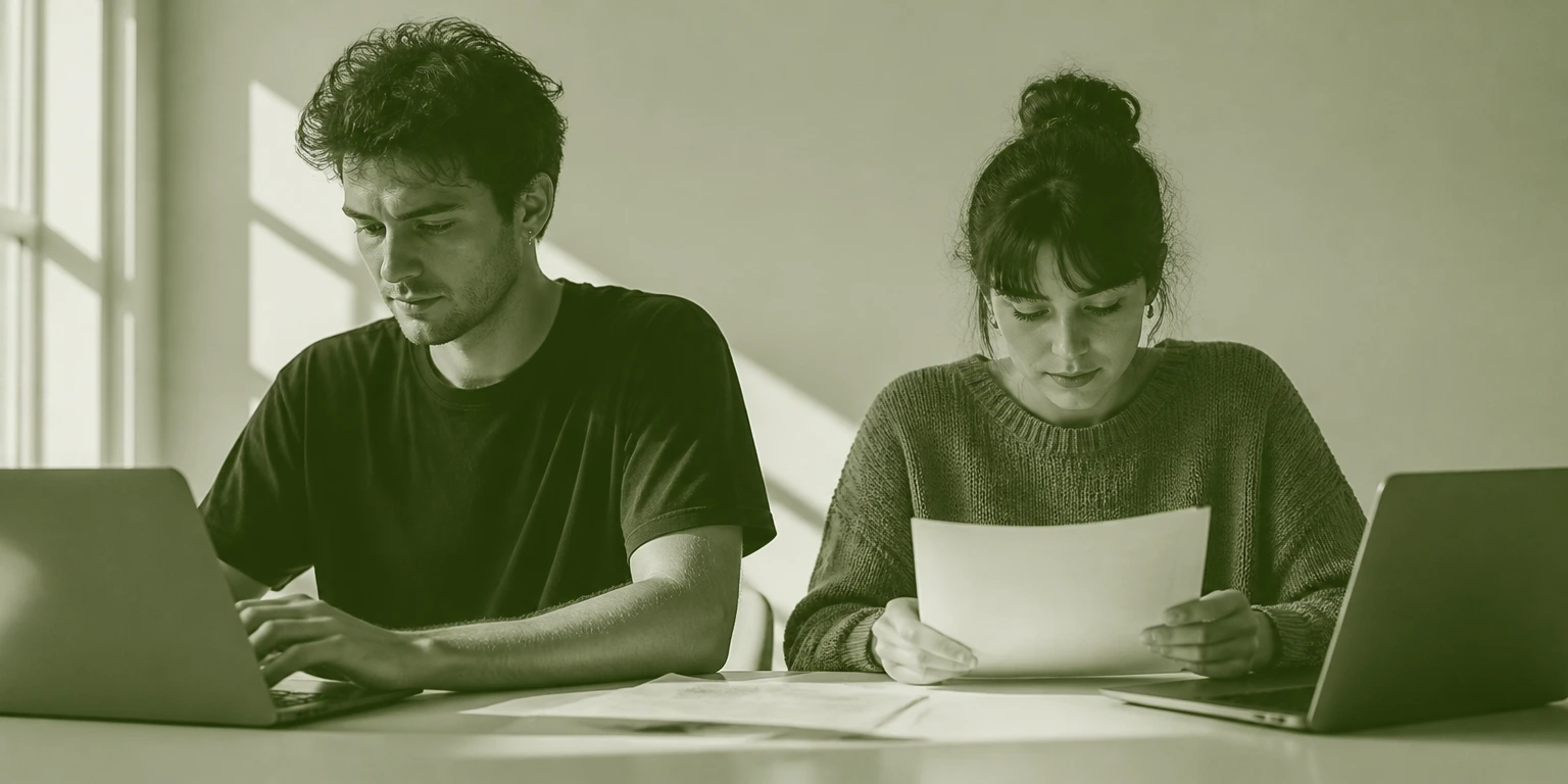 Two people at a table, one typing on a laptop and one reading a printed page
