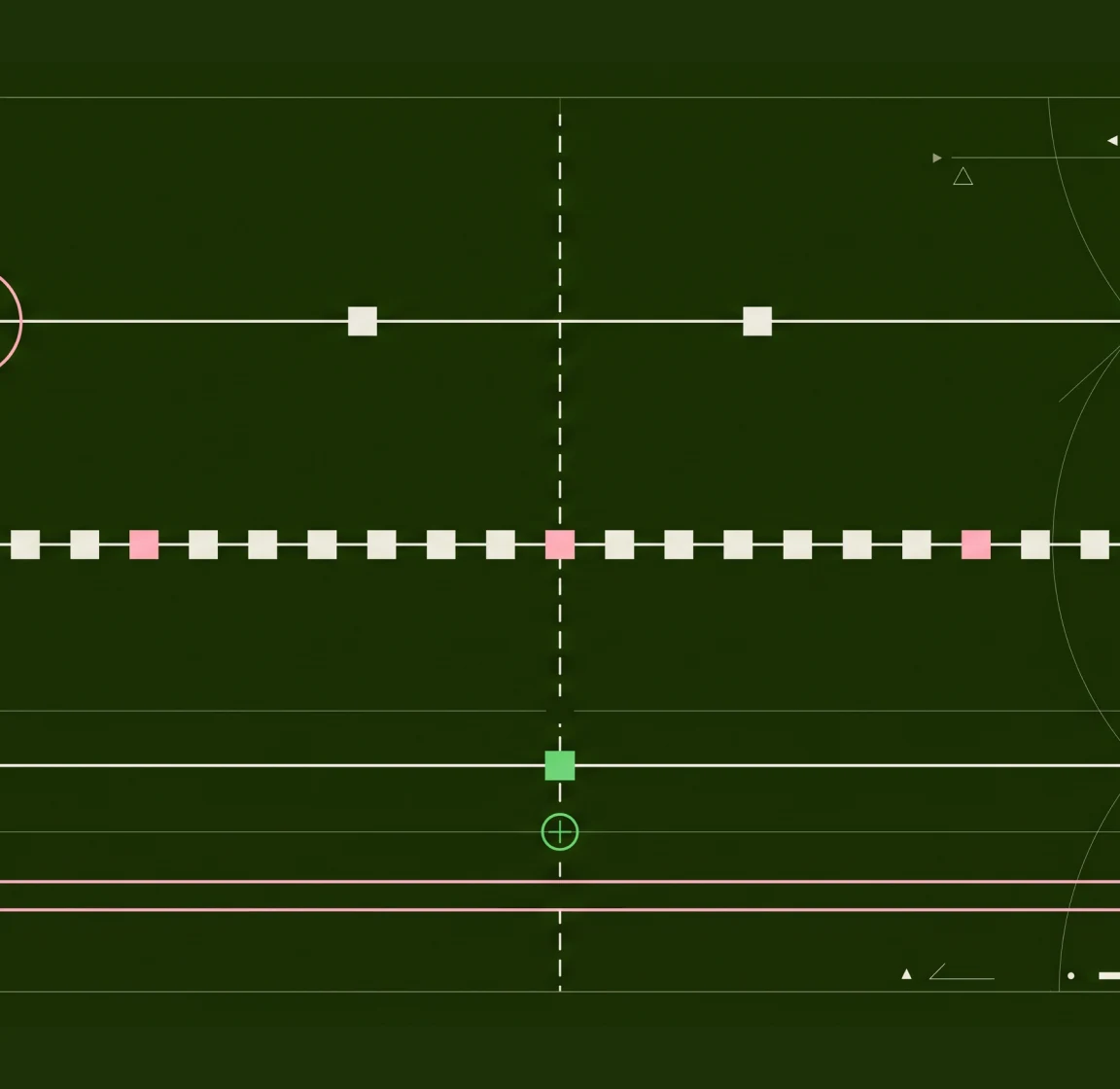 Dark blueprint illustration of rows of square markers along horizontal lines split by a dashed center line